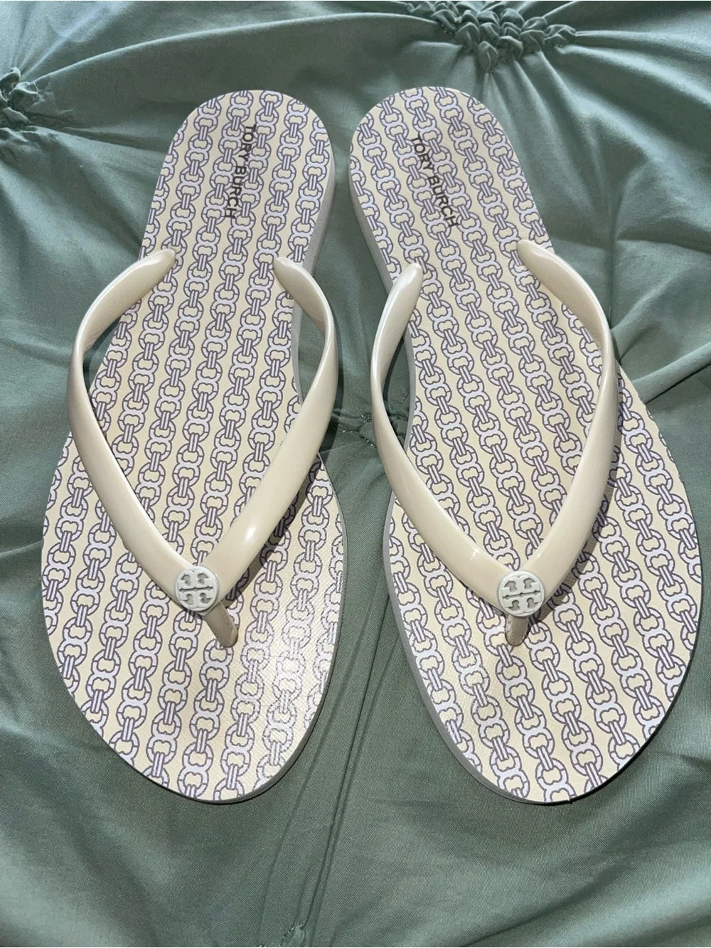 Tory Burch Cream Logo Patterned Flip Flop Sandals